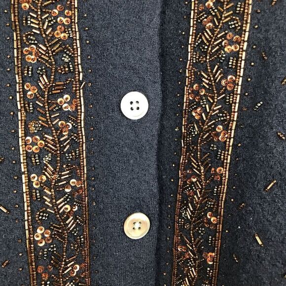 DKNY Vintage Navy Blue 100% Wool Beaded Cardigan Sweater - Picture 6 of 15
